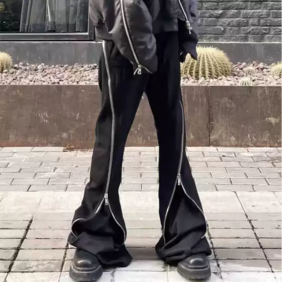 Ro Style Multi-Zipper Dark Style Loose Casual Straight-Leg Flared Denim Pants