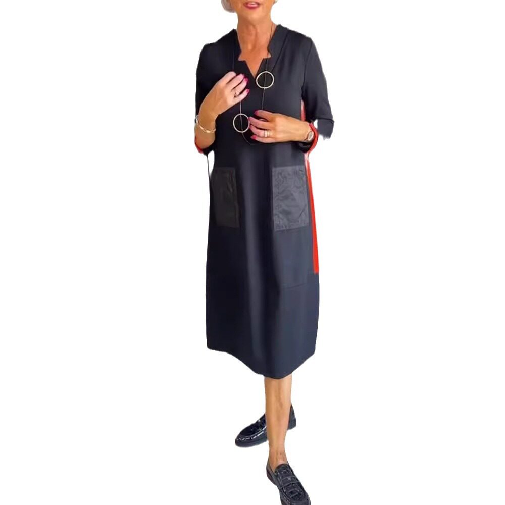 V Neck Long Sleeve Dress Slim Fit Solid Color Pocket Design Autumn Fashion for Women Wholesale Available