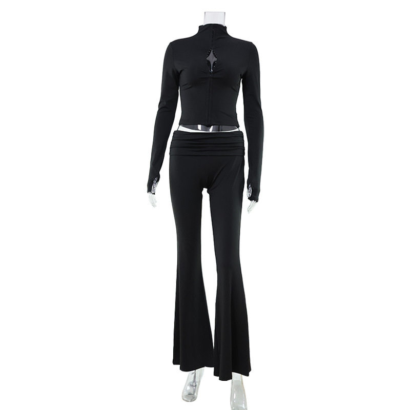 Fashionable Hollow Out Crop Top and Slim Fit Flare Pants Set Stylish Sexy Solid Color Spring and Autumn Wear