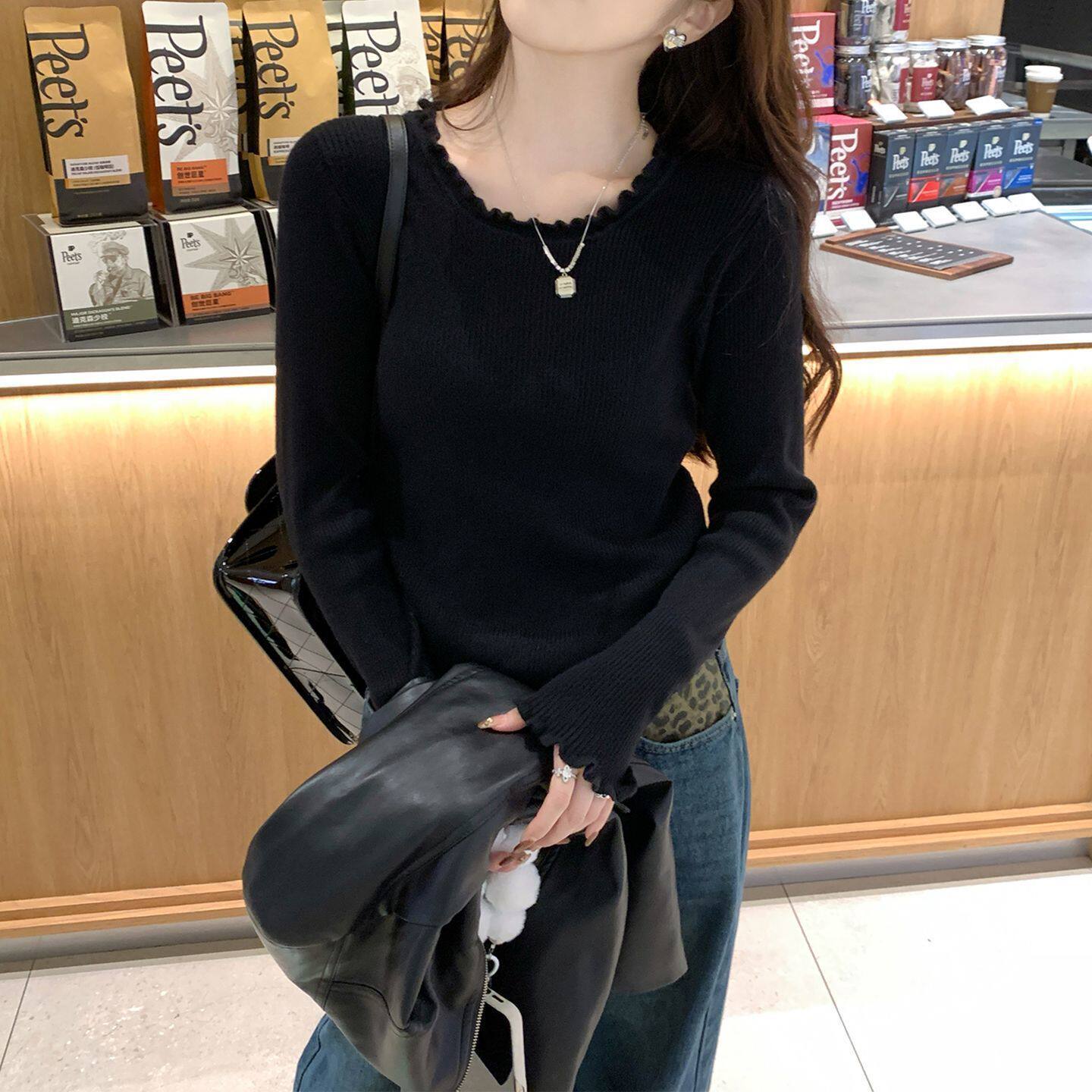 高级感超好看的针织衫女2025新款初秋木耳边内搭打底圆领毛衣上衣