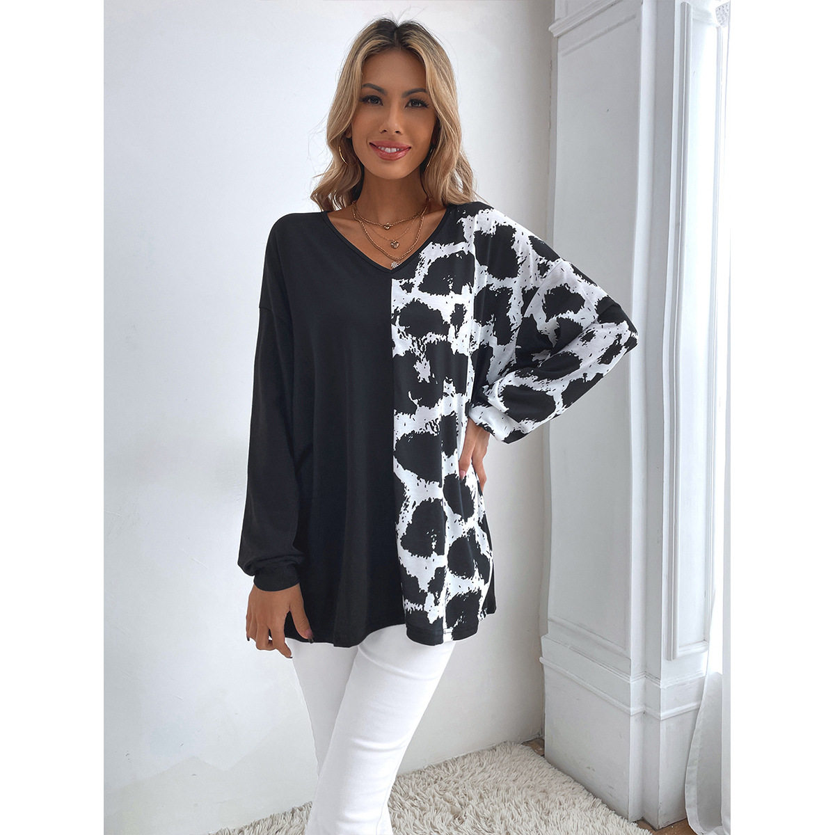 Womens Color Block Leopard Print V Neck Boyfriend T Shirt Casual Style Trendy Design Ready to Ship