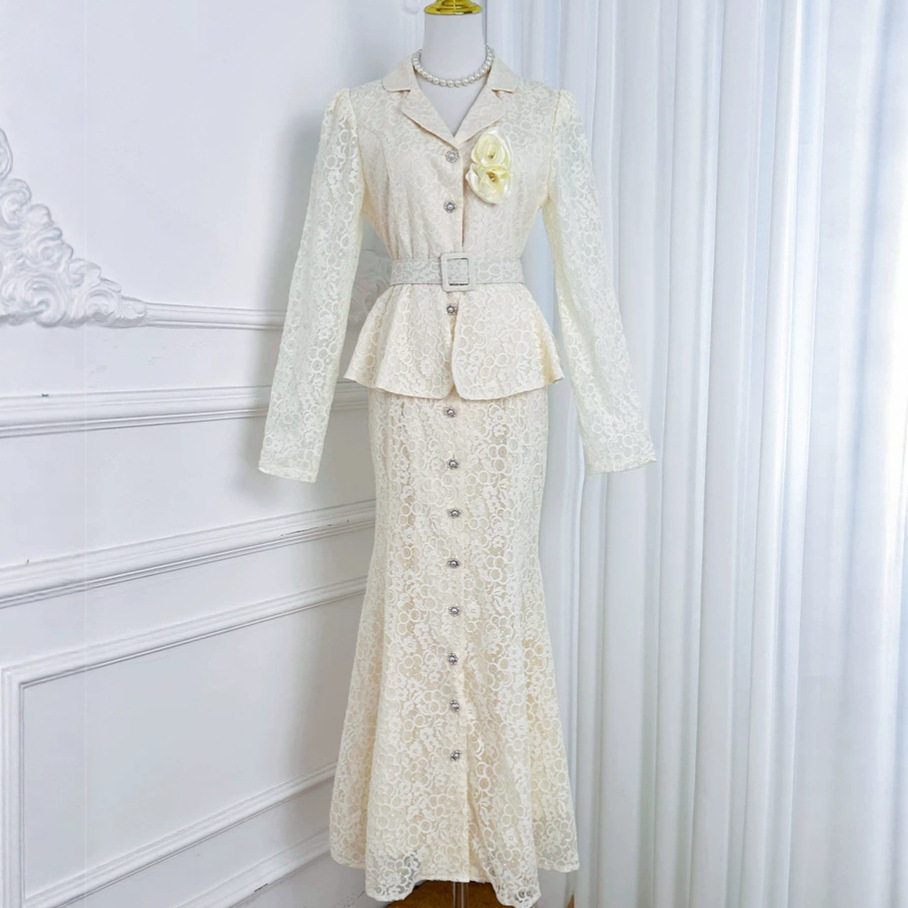 French V Neck Lace Hollow Floral Dress Long Sleeve Waist Defining A Line Silhouette Spring Office Wear Wholesale