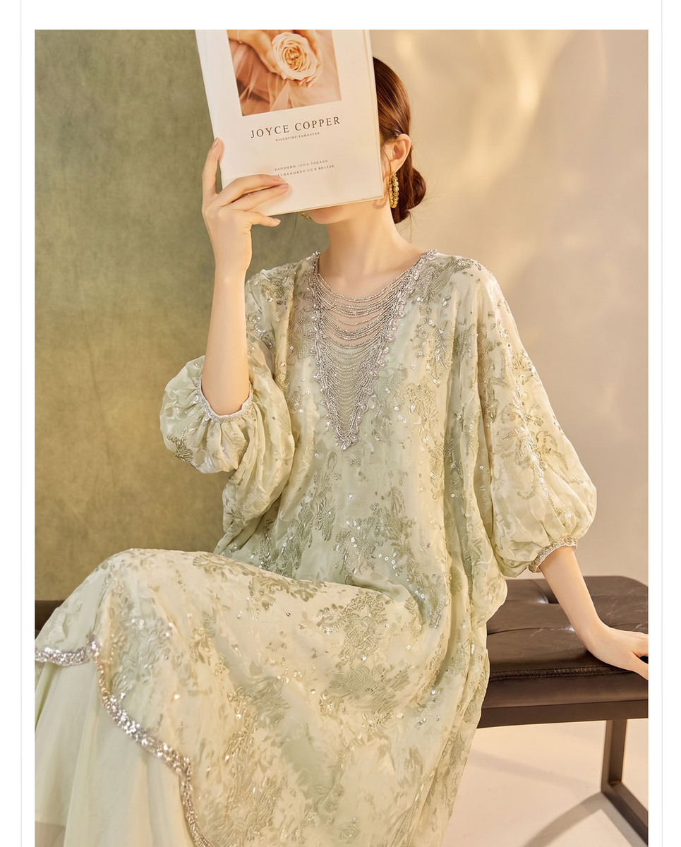 Đầm maxi nữ họa tiết hoa tay bồng cổ tròn phong cách retro — Xanh lục (giao hàng trong 7 ngày), Xanh lục (giao hàng trong ngày)