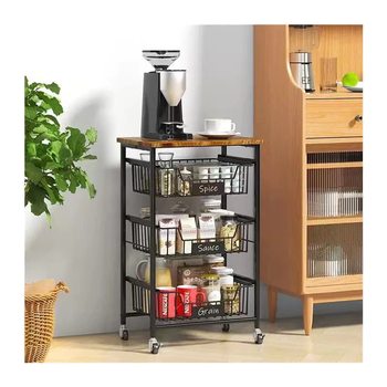 Kitchen Organization, Storage, and Cleaning Supplies: Pull-Out Basket Cart with 3 Pull-Out Baskets, Pulleys, and a Top Shelf for Kitchen Storage