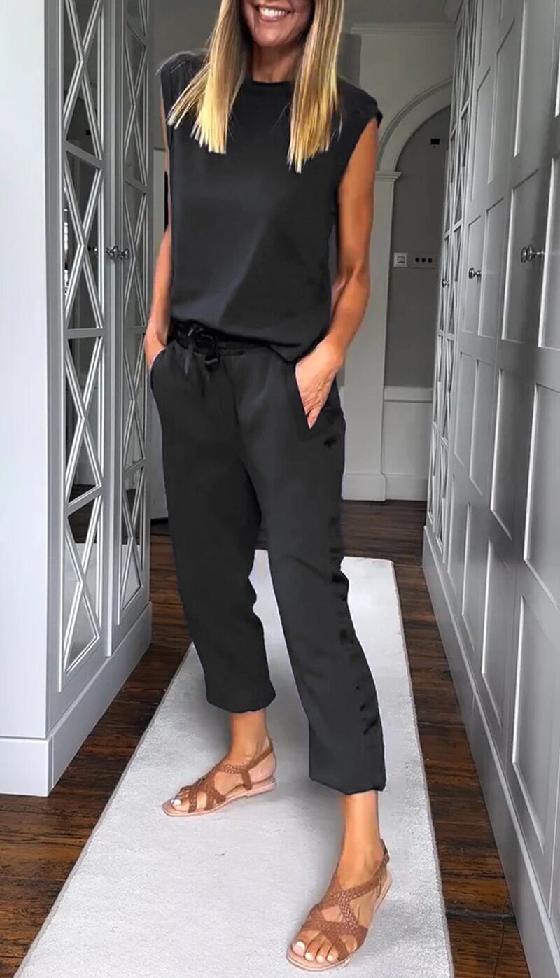 Womens Casual Set Sleeveless Round Neck Top Loose Fit Drawstring Pants Autumn Collection Wholesale Available