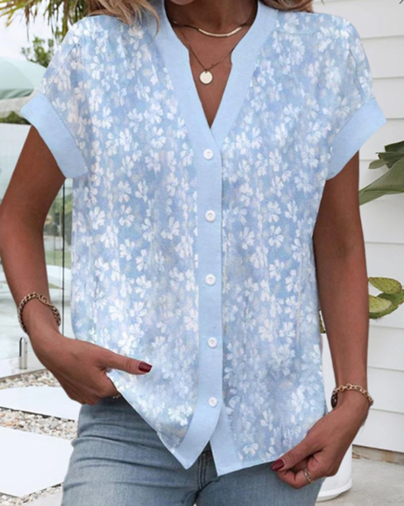 Summer Floral Print V Neck Short Sleeve Button Top for Women Trendy Design Comfortable Fabric Versatile Style