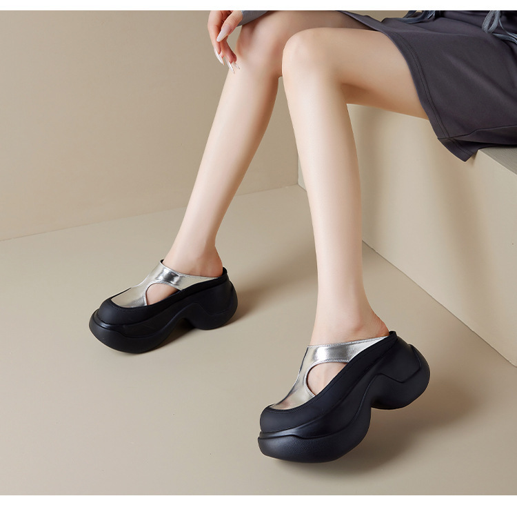 Sandal nữ bít mũi da bò đục lỗ đế xuồng tăng chiều cao — Màu bạc, Màu đen, Màu trắng be