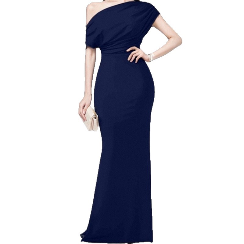 Womens Spring Dress Elegant Solid Color Slim Fit Asymmetrical Shoulder Design Perfect for Parties or Casual Events