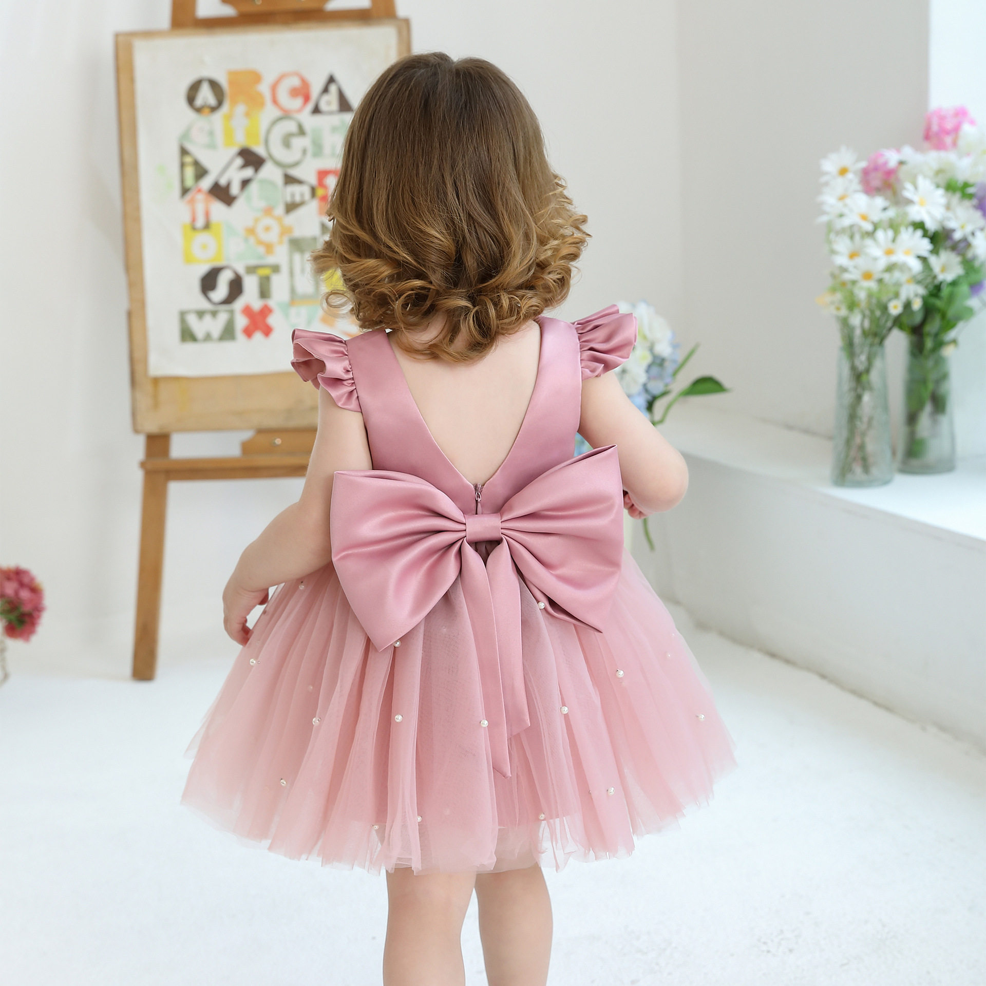 Girl's flying sleeve mesh tutu skirt baby's birthday one-year-old princess skirt flower girl wedding banquet dress dress
