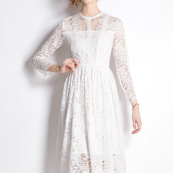 French Style White Lace Maxi Dress for Women Elegant Round Neck Flowy Silhouette Autumn Collection Wholesale Available