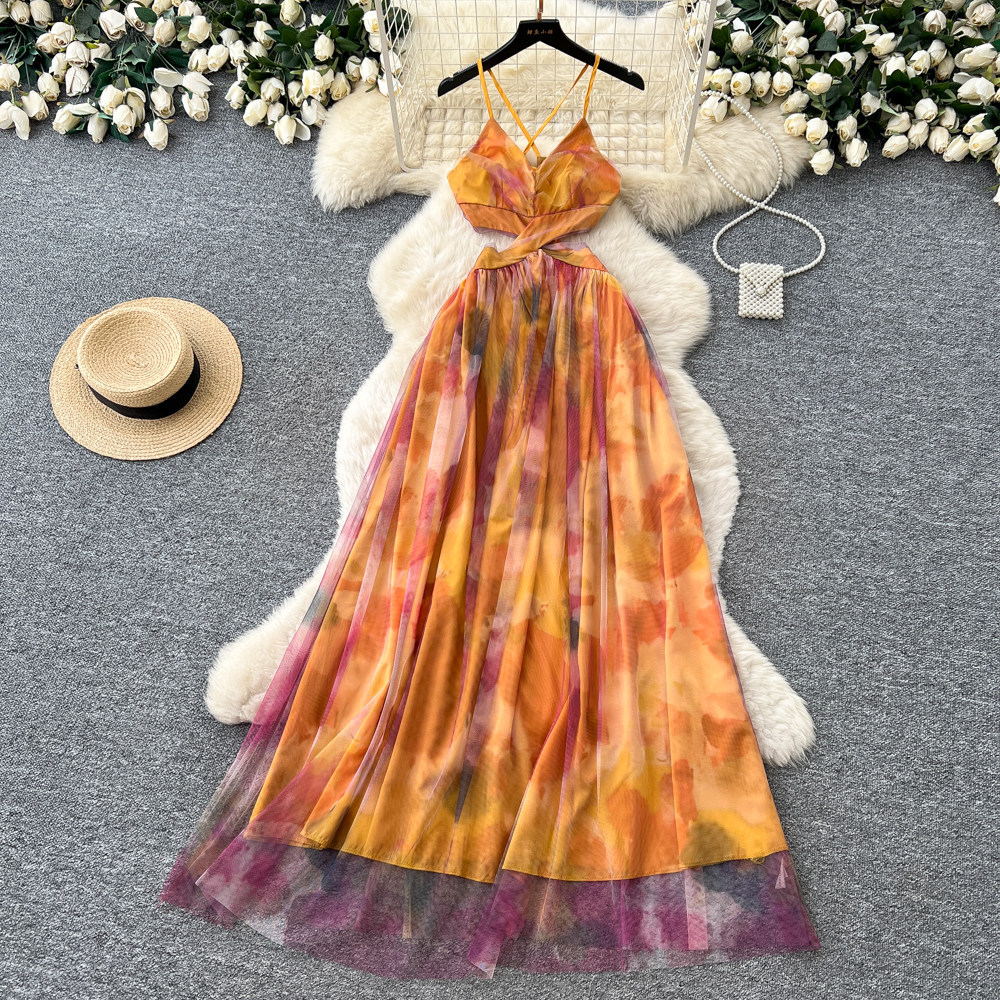 Summer Vacation Tie Dye Maxi Dress for Women V Neck Waist Cut Out Sheer Mesh Elegant Style Perfect for Beach or