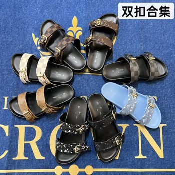 Foreign Trade L Brand Slippers High Version Monogram Rubber Metal Buckle Unisex Flat Slide Sandals Wholesale