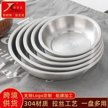 Cross-Border Export 304 Stainless Steel Plate Round Household Plate Dessert Plate Thickeneded Flats Bottom Dinner Plate Tray