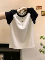 Pure Cotton Fashionable Versatile Color-Blocked Raglan Sleeve Short-Sleeve T-Shirt for Women 2026 Slim-Fit Chic Top
