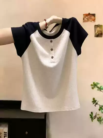 Pure Cotton Fashionable Versatile Color-Blocked Raglan Sleeve Short-Sleeve T-Shirt for Women 2026 Slim-Fit Chic Top