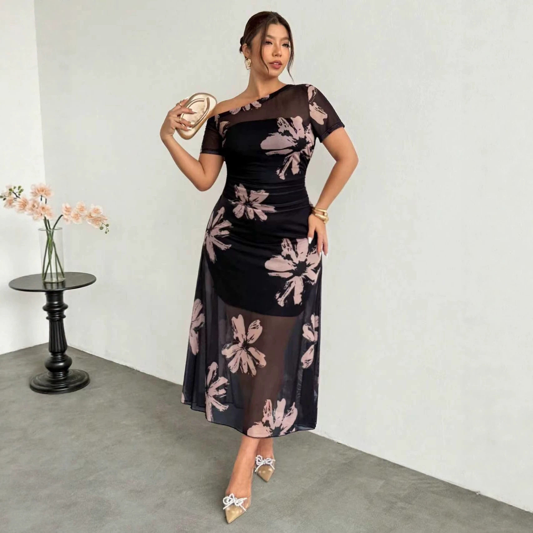 Elegant Floral Pattern Spring Dress Slim Fit Sand Color Fashionable Design Perfect for Spring Events Wholesale