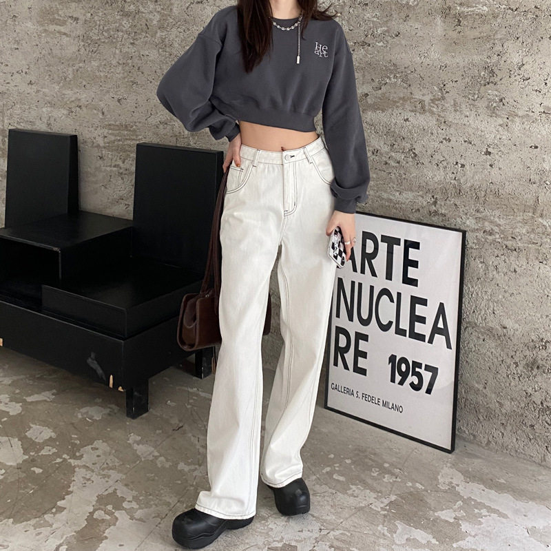 High Waisted White Denim Jeans for Women Vintage American Style Loose Fit Straight Leg Casual Spring and Autumn Wear