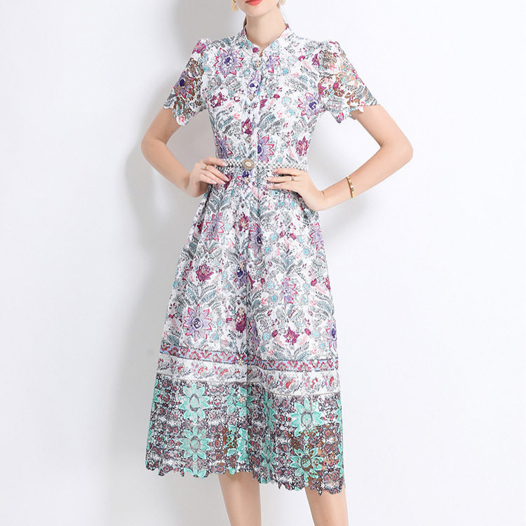 Elegant French Style Womens Dress Summer Collection Intricate Lace Hollow Out Design Button Closure Long Length