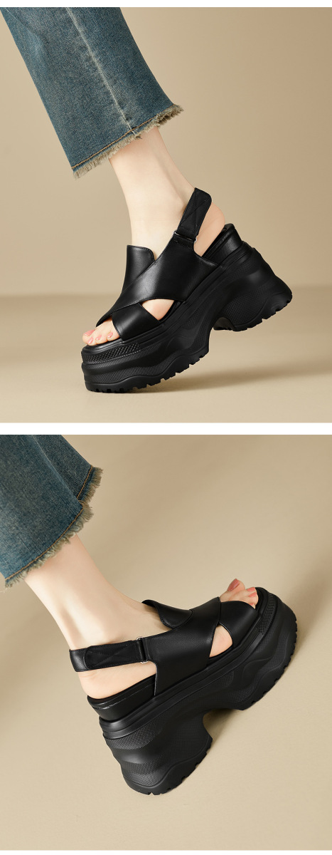 Sandal La Mã nữ quai ngang hở mũi đế dày tăng chiều cao, khóa dán tiện lợi — Màu đen, Màu trắng