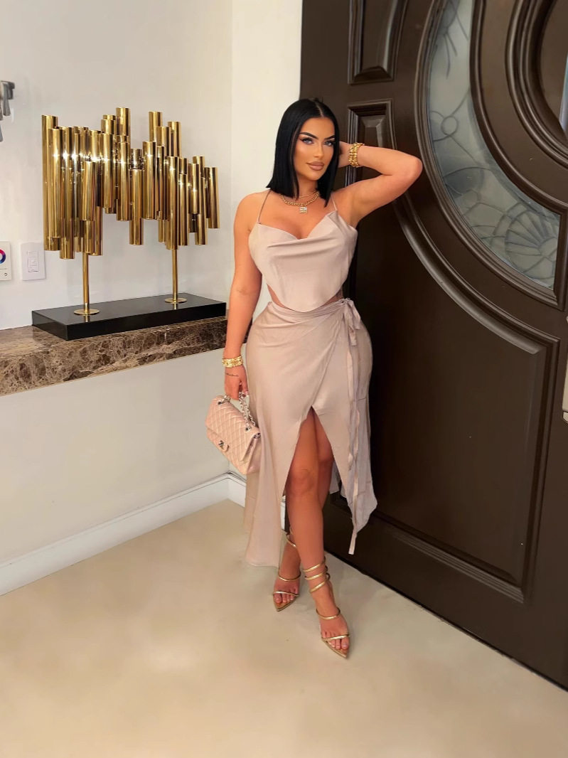 New Amazon Cross-border European and American Sexy Slim Lace-up Sling Collar Strap Skirt Two-piece High Split Women's Clothing