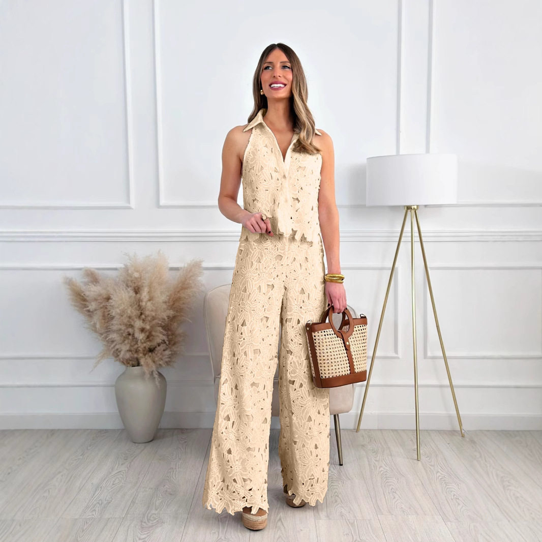 French Summer Embroidered Hollow V Neck Tank Top and Wide Leg Straight Pants Set Elegant Design Perfect for Casual