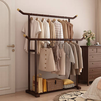 Floor-Standing Bedroom Household Coat Rack Bamboo Clothes Rack Chinese Style Room Small Space-Saving Clothes Rack