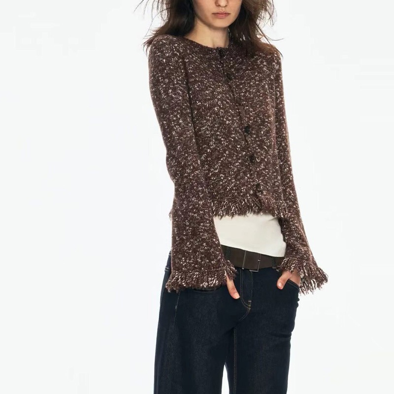 Áo cardigan nữ dệt kim cổ tròn tay loe tua rua dáng ngắn — Cà phê Brown, màu