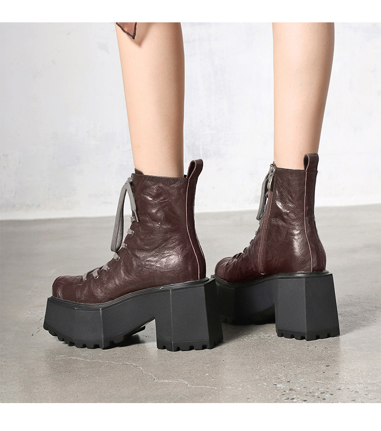 Boot Martin nữ đế dày 9cm mũi vuông gót thô tăng chiều cao — Màu đen lót một lớp, Màu đen lót nhung, Màu nâu lót một lớp, Màu nâu lót nhung
