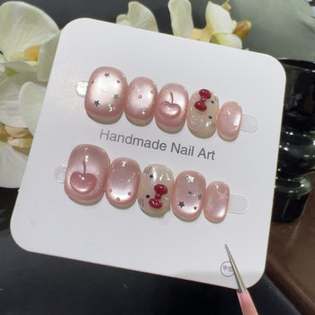 [Pink Crystal Kitty] Soft and Cute Hello Kitty Sweet Girl Stereo Fruit Decoration Daily Cute Style Whitening Wearable Nails