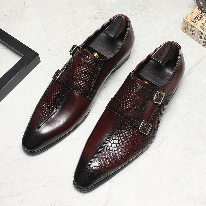 Giày da nam monk strap khóa đôi mũi nhọn da bò thật — màu đen, Màu đỏ rượu