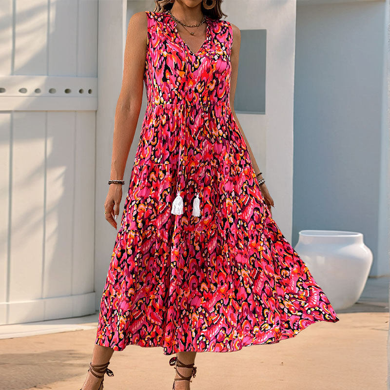 Abstract Print Midi Dress Summer Style Beach Vacation Ready Comfortable Fabric Trendy Design Wholesale Available