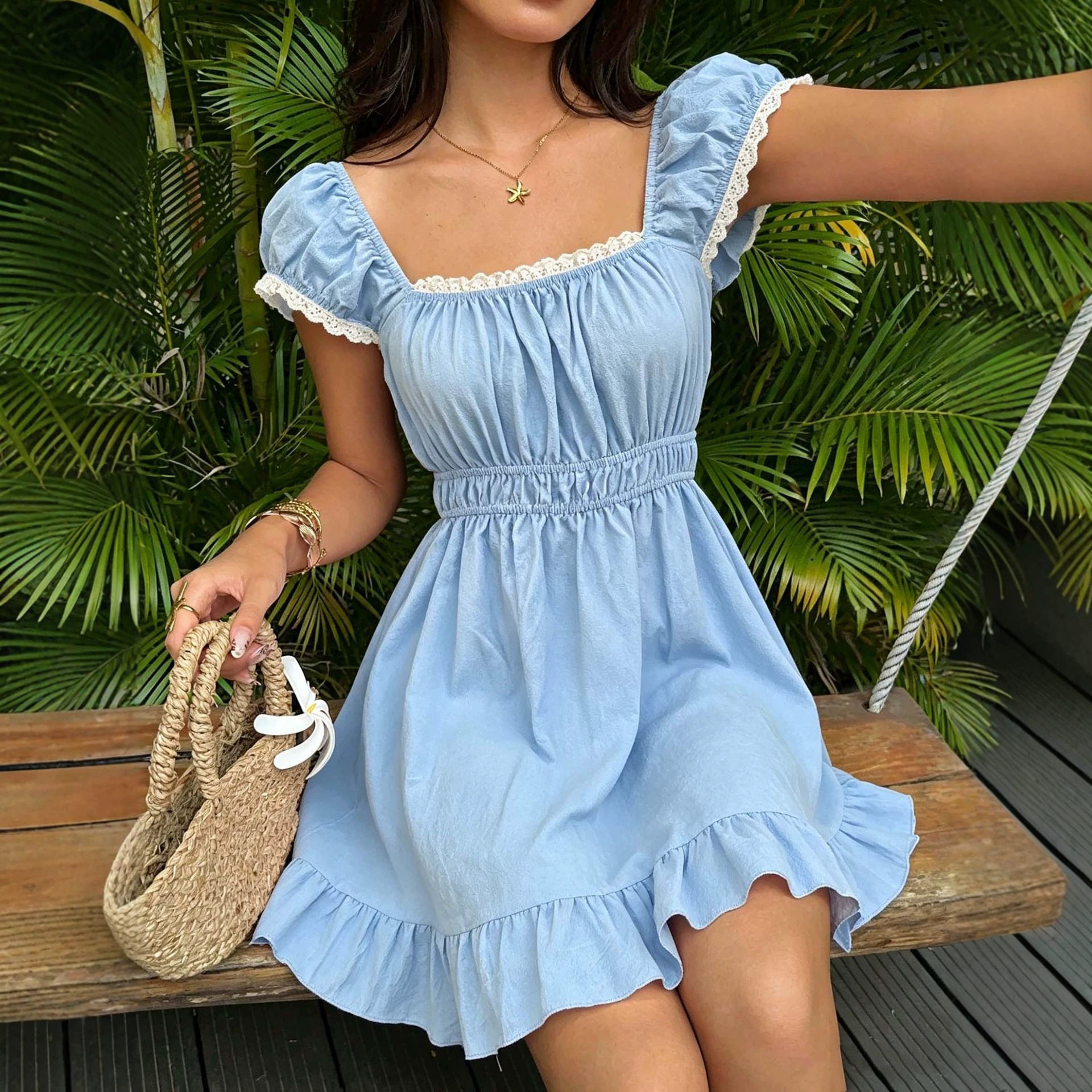 Summer French Style A Line Dress for Women Square Neck Puff Sleeves Lace Trim Slim Fit Perfect for Casual Outings
