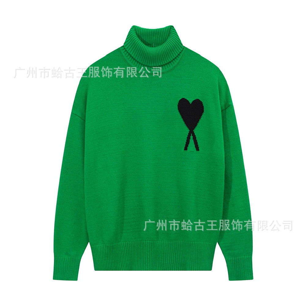 秋冬新款高领爱心毛衣男女条纹青年桃心跨境外贸休闲套头针织衫