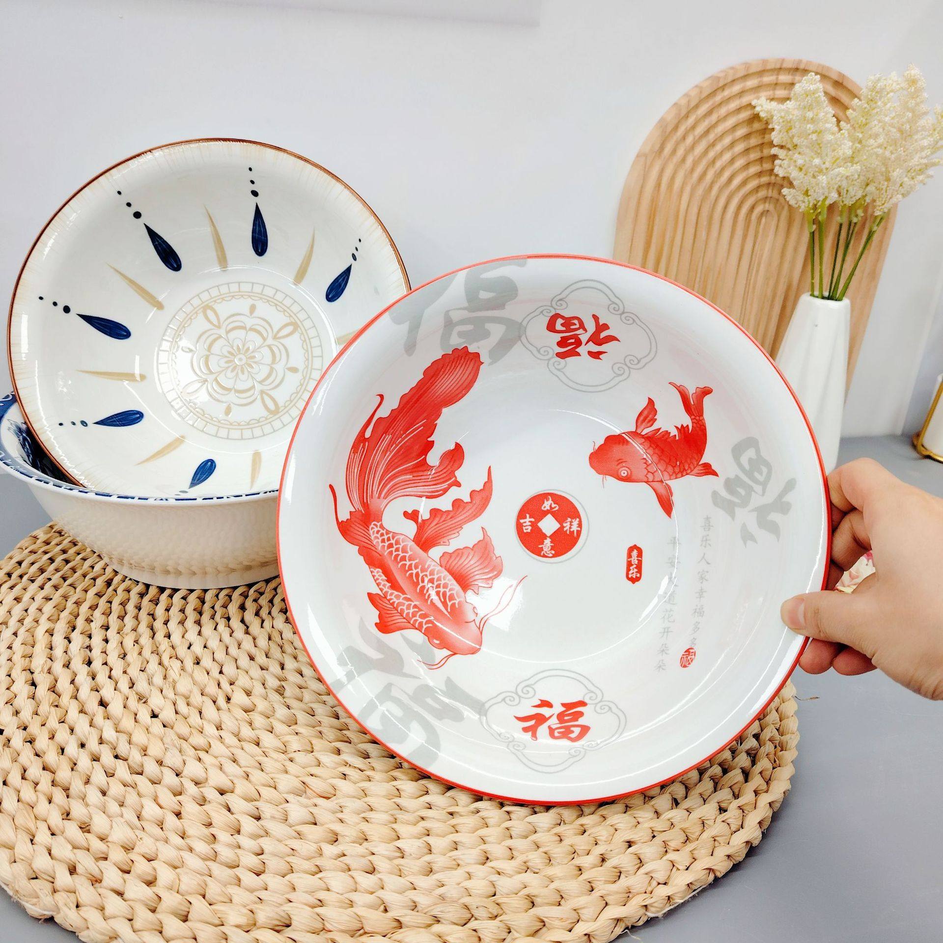 New 9.5-inch soup ancient household large soup bowl rice bowl creative soup bowl deep basin pickled fish soup bowl wholesale