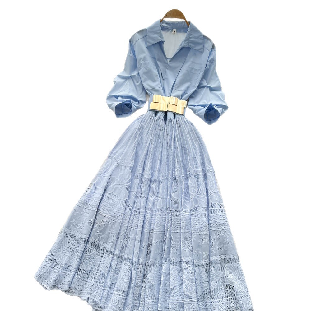 French Elegant Embroidered Mesh Dress Lantern Sleeves Waist Defining Color Block Design Summer Evening Wear