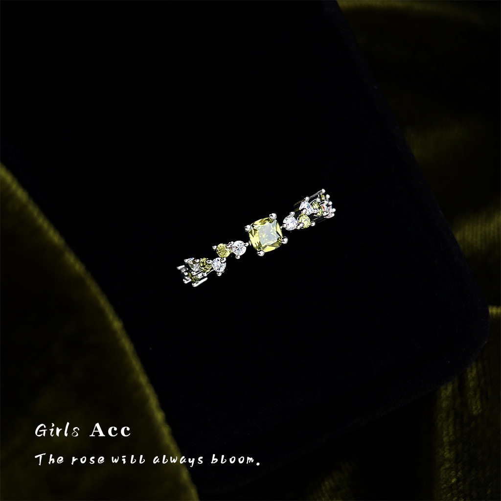 French Olive Green Zircon Open Ring Wholesale Light Luxury High-End Index Finger Ring Literary Retro Palace Style Ring