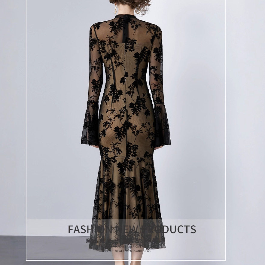Vintage Floral Print Bodycon Mermaid Dress Sheer Mesh Flared Sleeves Sexy Split Evening Wear Cocktail Party