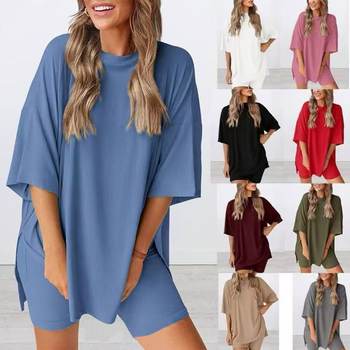 2026 New European and American Style Amazon Casual Comfortable Outing Solid Color Round Neck Short Sleeve Shorts Pocket Set