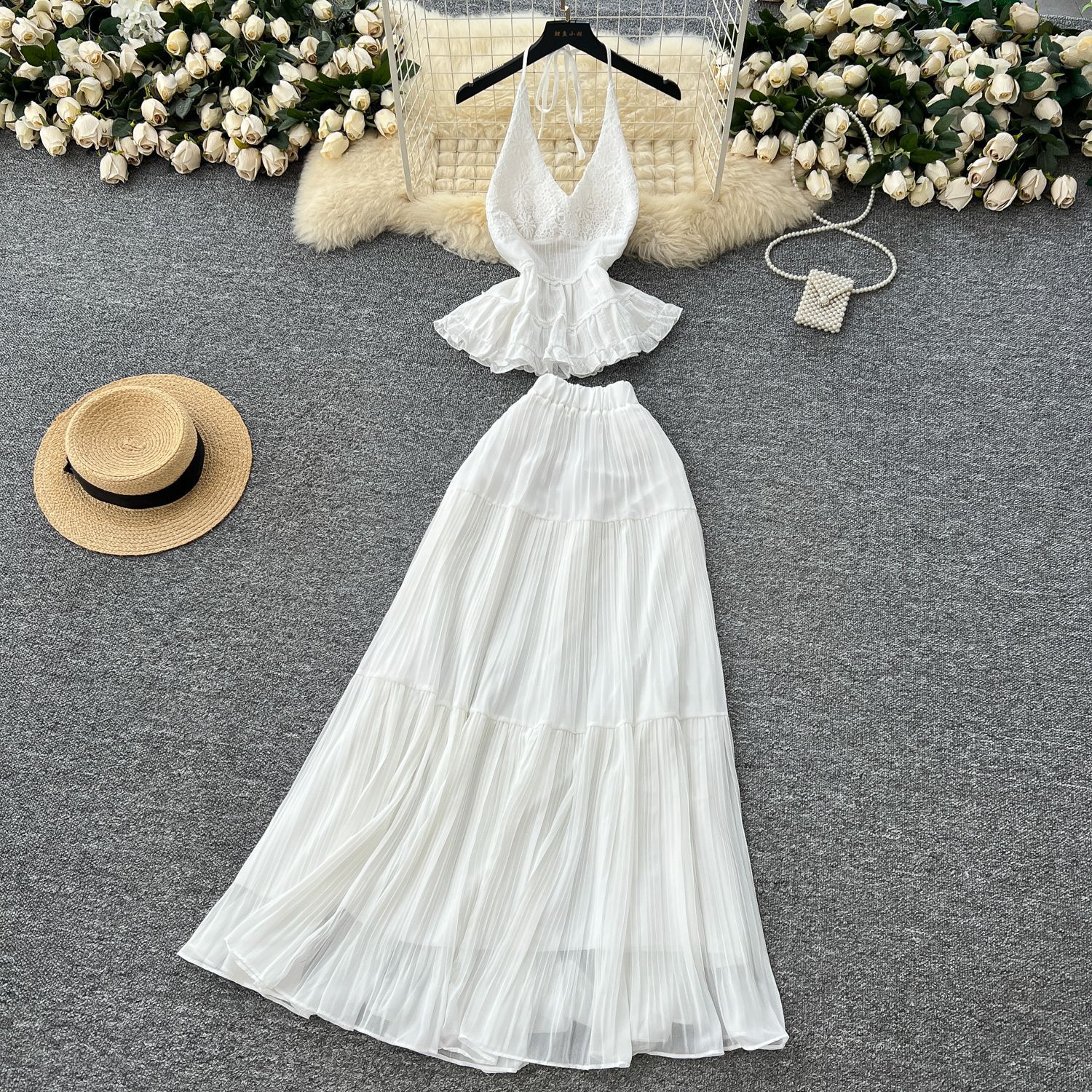 White Summer Vacation Set for Women Lace Trim Halter Neck Top and Chiffon Skirt Casual Beachwear