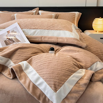 High-End Class a Anti-Static Carved Milk Velvet Four-Piece Winter Thickeneded Fleece-Lined Coral Velvet Quilt Cover Accessible Luxury Bedding 4