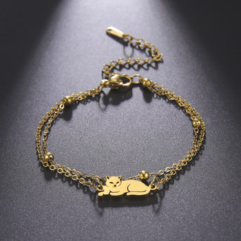 Factory direct foreign trade new titanium steel bracelet double hole Lying Cat pendant ladies stainless steel double chain bracelet