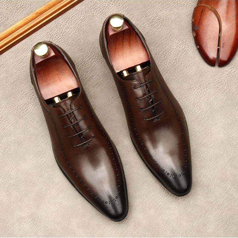 Giày Oxford nam da bò thật mũi tròn chạm khắc họa tiết, giày công sở buộc dây — Màu nâu vàng, Màu đen, Màu cà phê