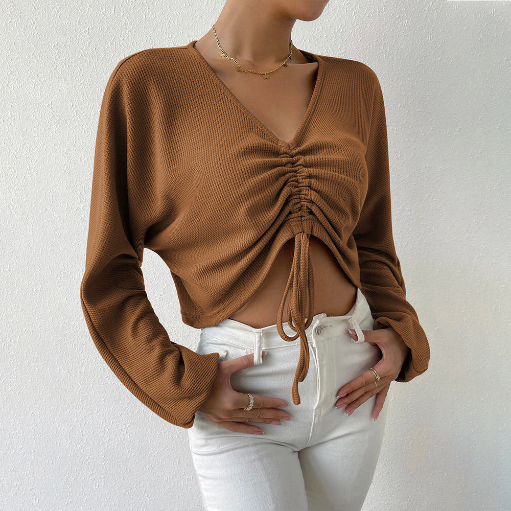 Loose Fit V Neck Long Sleeve T Shirt Casual Waffle Fabric Drawstring Detail Cropped Style Spring Summer Womens