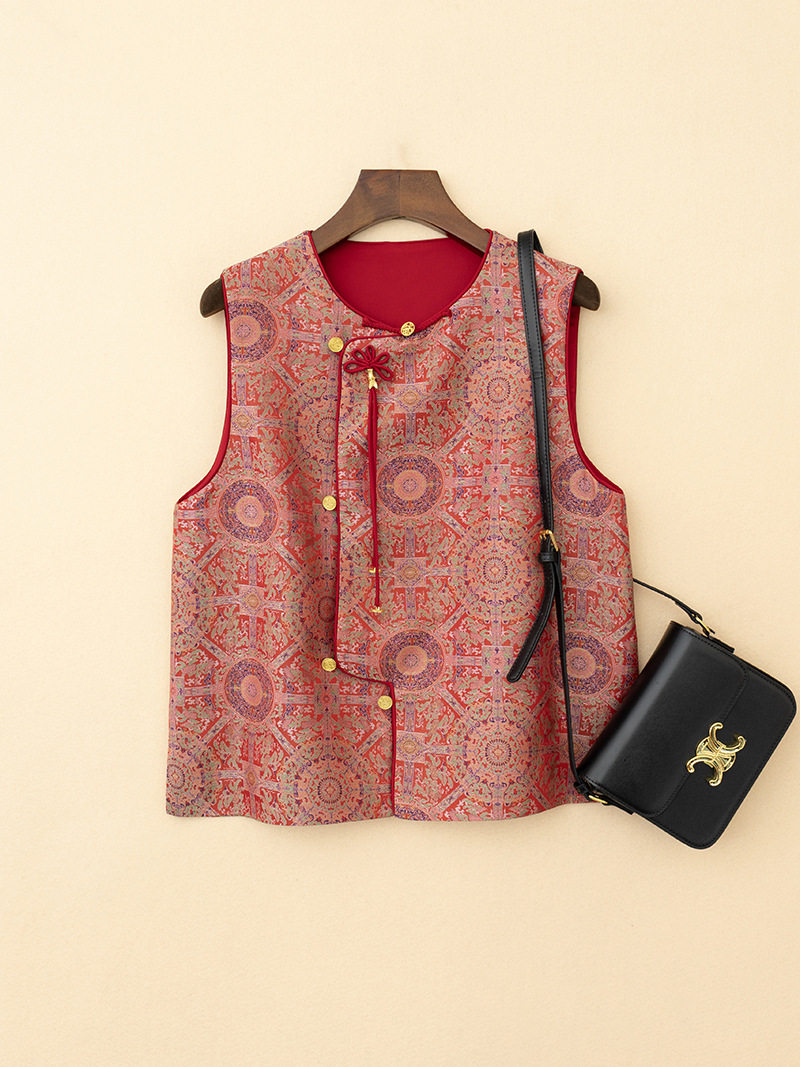 Wholesale from the Source—New Year Intangible Cultural Heritage Brocade Satin Vest, Luxurious Retro New Chinese Style National Style Disc Button Waistcoat Top