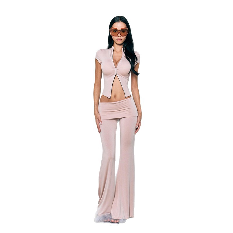 Womens Two Piece Set Cropped Button Up Top Low Waist Flared Pants Casual Fashion for Summer Wholesale Available