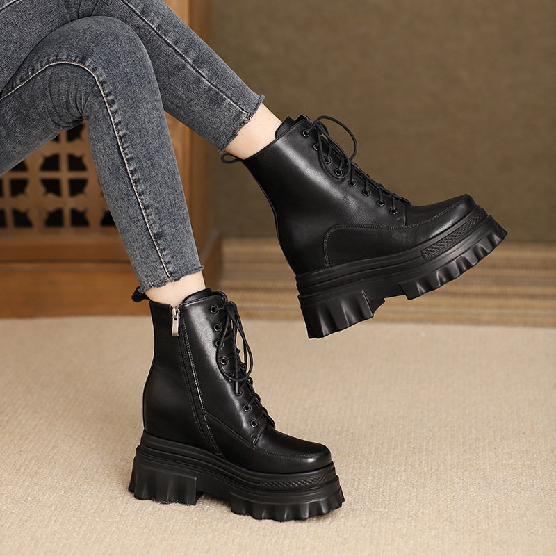 Boot Martin nữ đế dày tăng chiều cao 10cm, cổ thấp gót nêm da bò thật — Lớp lót đơn màu đen, Lớp lót đơn màu nâu sẫm, Lớp lót nhung đen, Lớp lót nhung màu nâu sẫm