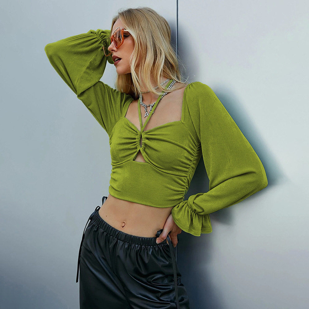 Womens Sexy Hollow Out Long Sleeve Crop Top Puff Sleeve Slim Fit Autumn Winter Style Wholesale Available