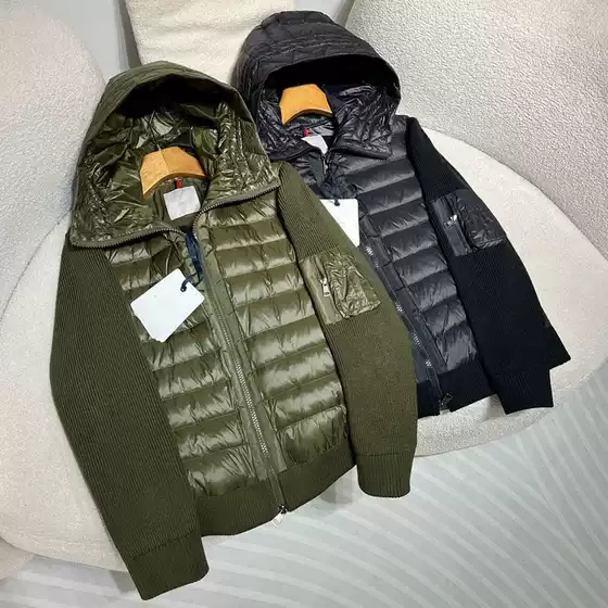 European 2024 New Hooded Down Jacket Men's Winter Fashion Stitching Knitted Sleeve Cardigan Outer Mongolian Short Top