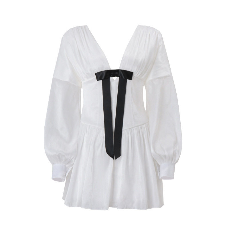 V Neck Lantern Sleeve Dress Sexy Low Cut Bow Detail Shiny Fabric Elegant Winter Fashion for Women Wholesale