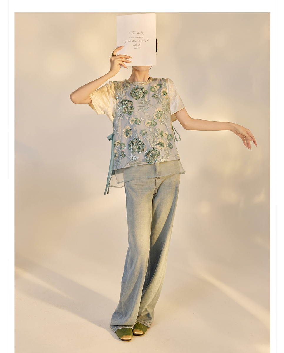 Áo vest nữ thêu cườm đính đá cổ tròn phối hoa văn — Jiyue Blue (giao hàng trong 7 ngày), Jiyue Blue (phát hành cùng ngày)